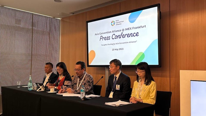 Founding members of the Asia Convention Alliance gathered at the IMEX Frankfurt press conference, including Nooch Homrossukhon of Thailand Convention & Exhibition Bureau (TCEB), Sumate Sudasna of Thailand Incentive & Convention Association (TICA), Noor Azlan Abu Bakar of Malaysia Convention & Exhibition Bureau (MyCEB), Younghwan Kim, director general of Tourism & Sports Bureau from Seoul Metropolitan Government and Rosa Liu of Taiwan External Trade Development Council (TAITRA).