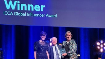 From left: ICCA President Marta Gomes, IMEX Group Chairman Ray Bloom and Isabel Bardinet, winner of the 2023 Global Influencer Award.