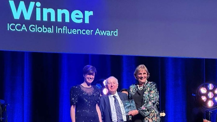 From left: ICCA President Marta Gomes, IMEX Group Chairman Ray Bloom and Isabel Bardinet, winner of the 2023 Global Influencer Award.