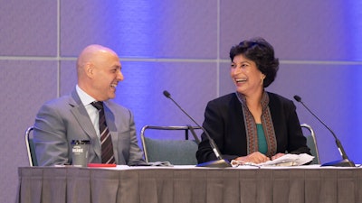 Great Debate (2021) Deintensification for HPV-Associated Tumors: Are We There Yet with the Current Literature? (Left to Right: Ezra Cohen, MD, FRCPSC, FASCO, and Cherie-Ann O. Nathan, MD. Not pictured is moderator Lisa Shnayder, MD.)