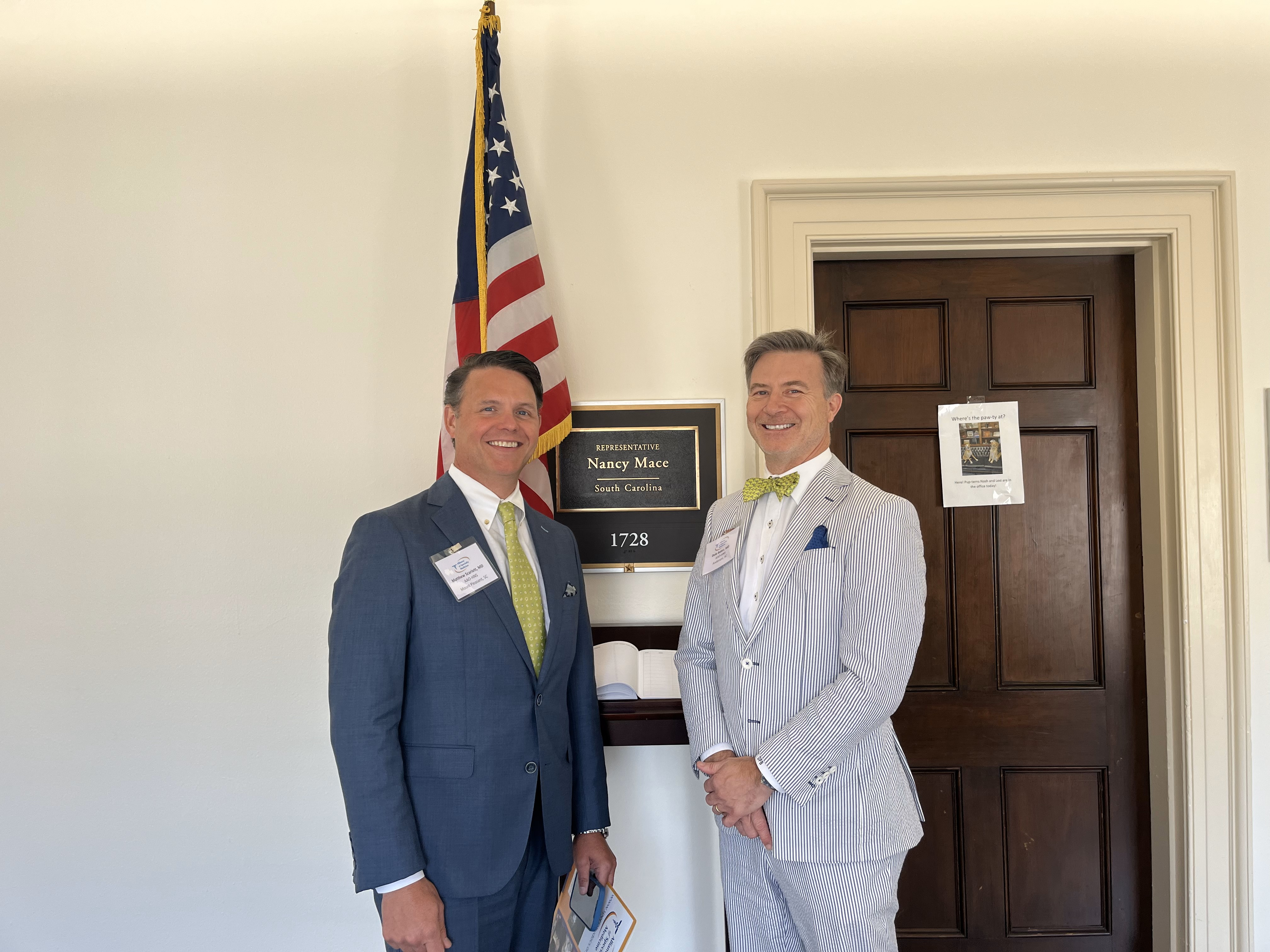 Matthew David Scarlett, MD, (left) and Dole P. Baker, Jr., MD, (right) met with U.S. Representative Nancy Mace (R-SC).