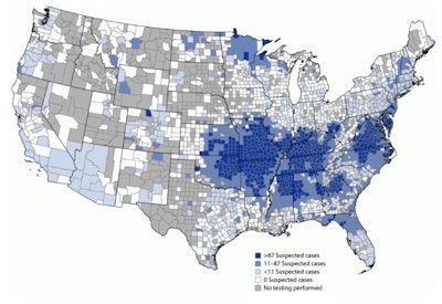 Figure 1. Geographic distribution of suspected alpha-gal syndrome cases* per 1 million population per year — United States, 2017–2022. Centers for Disease Control and Prevention: Thompson JM, Carpenter A, Kersh GJ, Wachs T, Commins SP, Salzer JS. Geographic Distribution of Suspected Alpha-gal Syndrome Cases — United States, January 2017–December 2022. MMWR Morb Mortal Wkly Rep 2023;72:815–820.