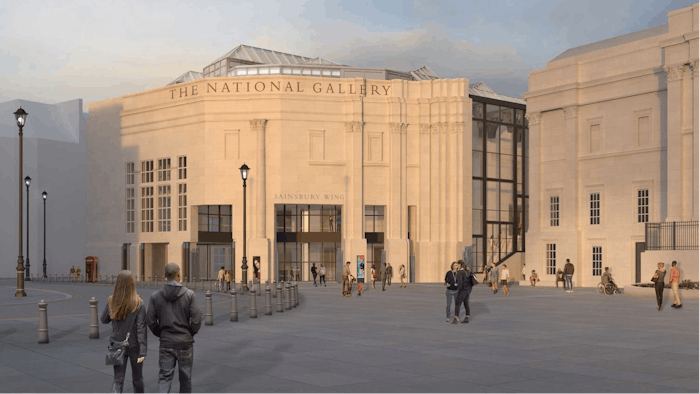 This rendering captures the new look from Trafalgar Square approaching the National Gallery, with its reconfigured gates, new transparent glass and new seating.