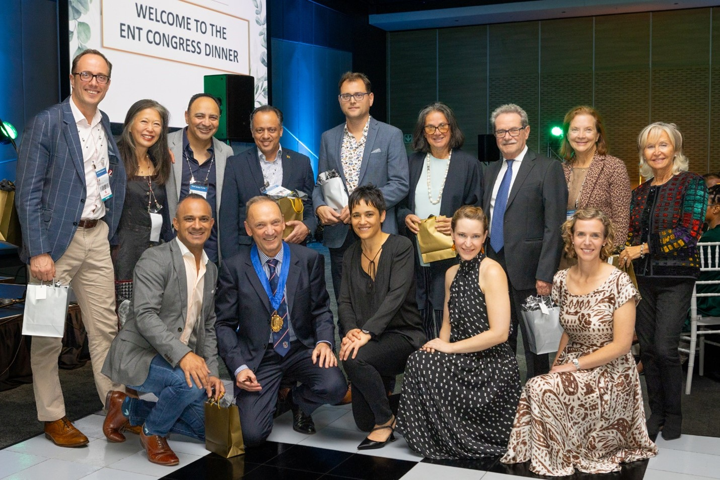 Several guest speakers with the James Loock, President of the South African ENT Society and Darlene Lubbe, conference chairperson. Back row (left to right): Mark Ferguson (UK); Jennifer Kim (USA); Sanjay Parikh (USA); Eleftherios Papathanasiou; John Craig (USA); Luisa Maria Bellussi (Italy); Felice Scasso (Italy); Kathleen Yaremchuk (USA); Maria Pia Villa (Italy). Front row (left to right): Arif Janjua (Canada); James Loock (South Africa); Darlene Lubbe (South Africa); Julia Toman (USA); Kate Stephenson (UK).