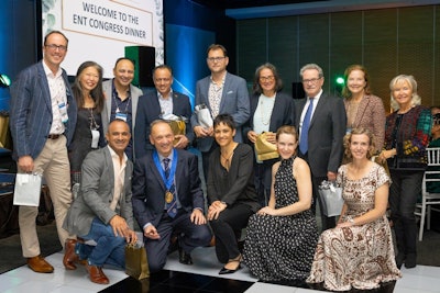 Several guest speakers with the James Loock, President of the South African ENT Society and Darlene Lubbe, conference chairperson. Back row (left to right): Mark Ferguson (UK); Jennifer Kim (USA); Sanjay Parikh (USA); Eleftherios Papathanasiou; John Craig (USA); Luisa Maria Bellussi (Italy); Felice Scasso (Italy); Kathleen Yaremchuk (USA); Maria Pia Villa (Italy). Front row (left to right): Arif Janjua (Canada); James Loock (South Africa); Darlene Lubbe (South Africa); Julia Toman (USA); Kate Stephenson (UK).