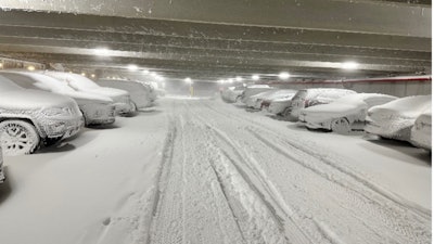 The hospital parking garage during the blizzard.