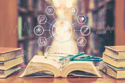 Books and stethoscope in a library with graphic of medical symbols superimposed.