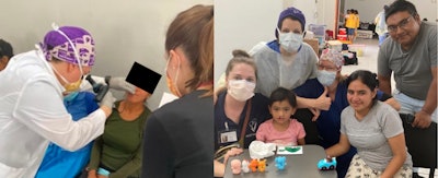 Left: Lisa M. Morris, MD, a facial plastic surgeon, performing nasoendoscopy with speech therapist Chelsea Sommer, PhD, CCC-SLP, on a patient prior to surgery for velopharyngeal insufficiency. Right: Speech therapist Natalie Galvan, MS, SLP-CCC, Lourdes Quintanilla-Dieck, MD, a pediatric otolaryngologist, and Jessyka G. Lighthall, MD, a facial plastic surgeon, with a patient and her family after a speech therapy session, prior to surgery for her cleft lip and palate repair.