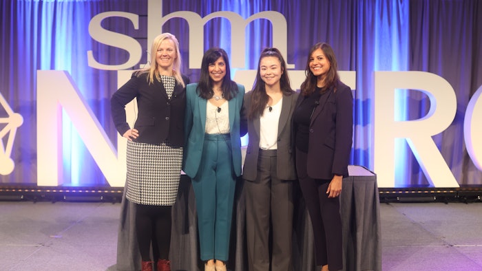 Program chair Valerie Vaughn, MD, MSc, SFHM (left), with Research and Innovation presenters Vineet Arora, MD, MAPP, Julianne Ghiorzi, MS2 and Ruchi Jain, DO, MS