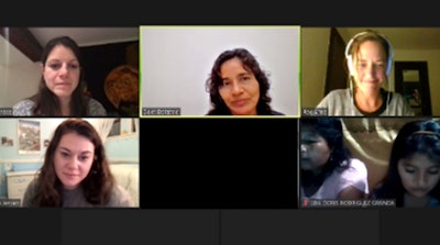 Virtual educational session in 2021 with patient families. Participating team members (from top left to bottom left): Dr. Lourdes Quintanilla-Dieck, FACES Program Coordinator Delia Delgado (based in Peru), FACES Development and Operations Manager Rae Anne LaFrenz, and FACES Executive Director Angela Jensen Kelly.