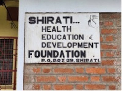 Sign for the Shirati Health Education and Development Foundation (SHEDF) office.