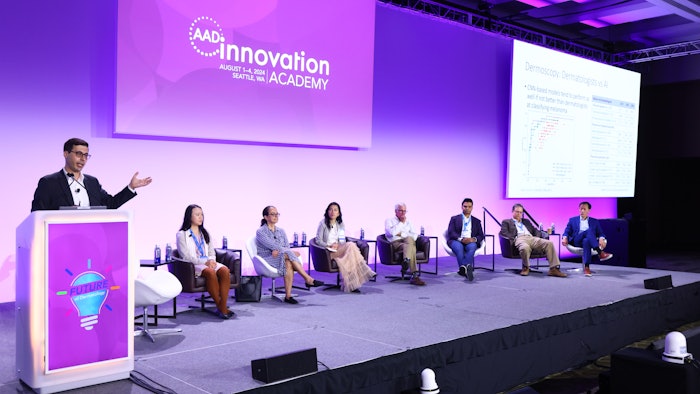 This is a photo of the full session panel, 'Future of Dermatology.'