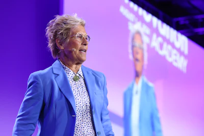 This is a photo of swimmer Diana Nyad speaking at AAD Innovation Academy.