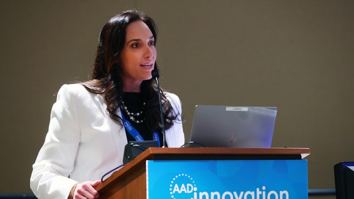 This is a photo of dermatologist Mara Dacso, MD, MS, FAAD speaking at AAD's Innovation Academy.