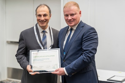 2023-2024 IAB Chair, Piotr Skarzynski, MD, PhD, MSc, presents an AAO-HNSF ICS Network Certificate to Sam Daniel, MD, President of the Canadian Society of Otolaryngology – Head & Neck Surgery.