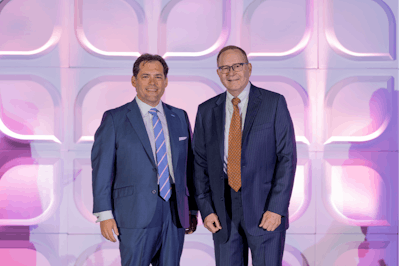 The author, Immediate Past Annual Meeting Program Coordinator Daniel C. Chelius, Jr., MD, and AAO-HNS/F Executive Vice President and CEO James C. Denneny III, MD, on stage at the 2024 Annual Meeting & OTO EXPO.
