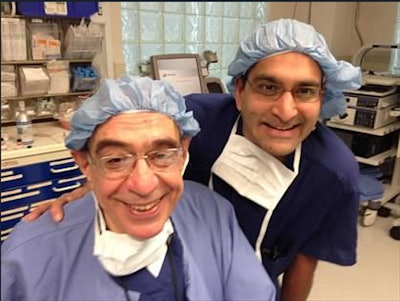 Colleague Raafat S. Hannallah, MD, anesthesiologist, and Dr. Shah share a light moment between cases.