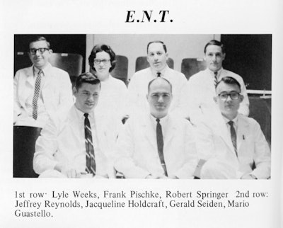KUMC OHNS 1968 Residency photo. Courtesy of KUMC Archives from the Clendening Library. A yearbook photo of otolaryngology-head and neck surgery residents at KUMC in 1986. Dr. Holdcraft is the second from the left on the top row.