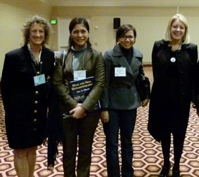 (Left to right) Lisa Orloff, MD, Geraldine Luna, MD (holding Dr. Orloff’s comprehensive ultrasound textbook), M. Karen Capuz, MD, and the author, Dr. Sebelik, at the AAO-HNSF Annual Meeting in San Francisco in 2011.