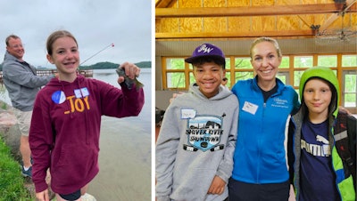 Minnesota cleft family camp. Left photo: Zayla and her dad participating in fishing. Right photo: Author Brianne B. Roby, MD, (center) and Sean and Liam.