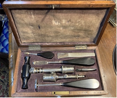 A trepanning instrument set. The set comprises several interrelated components, each playing a distinct role in the process of cranial surgery. Also used for suppurative mastoiditis.