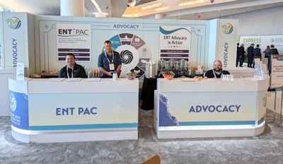 Jacob (far right) and two advocacy team colleagues at the Advocacy and ENT PAC booth in Miami.