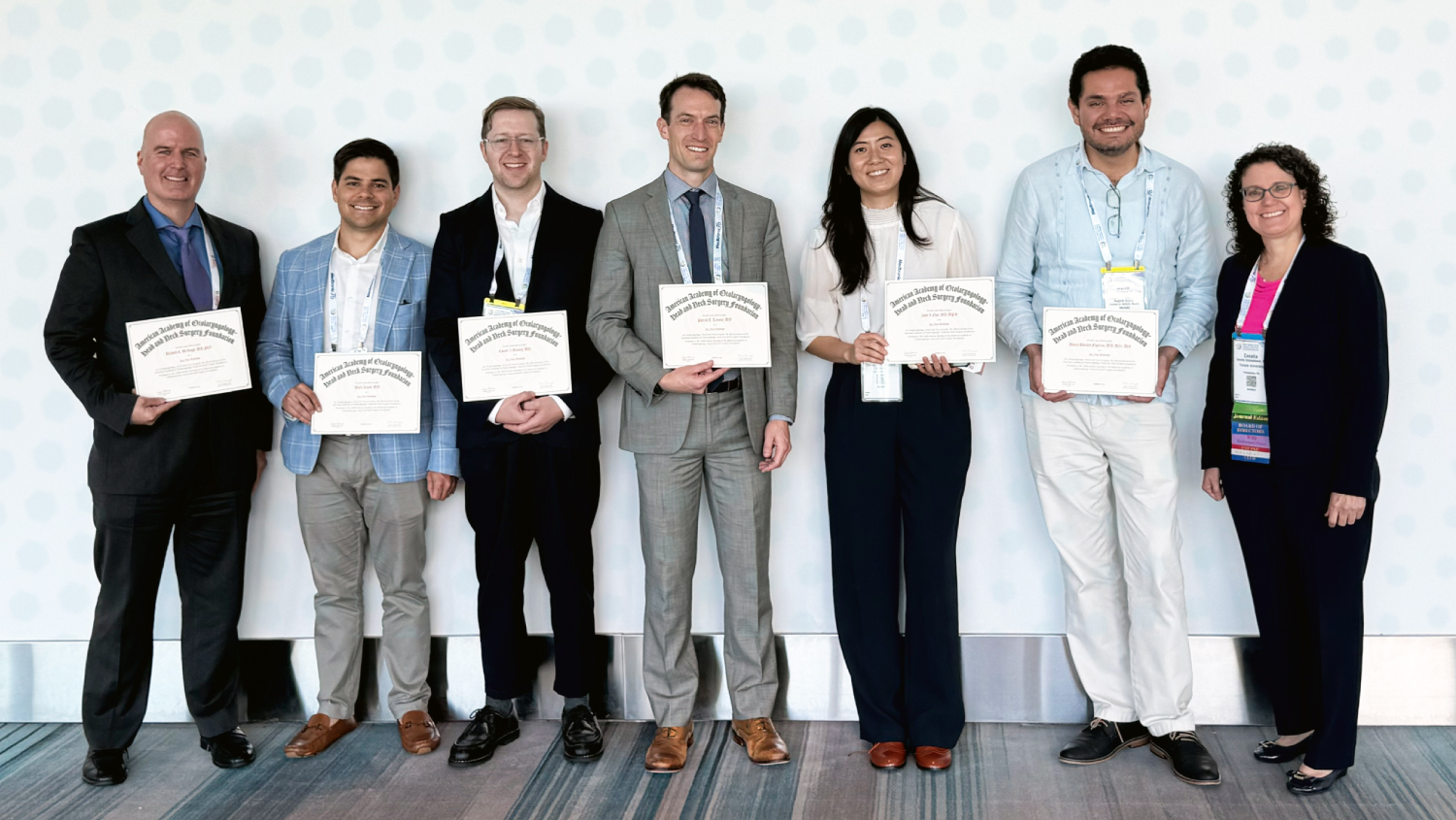 2024 Star Reviewers (Left to Right): Richard K. McHugh, MD, PhD, Mark A. Arnold, MD, Conner J. Massey, MD, Patrick T. Tassone, MD, Janet S. Choi, MD, MPH, Marco A. Figueroa Morales, MD, MSc, MEd with Editor-in-Chief Cecelia E. Schmalbach, MD, MSc. Not pictured: Jakob L. Fischer, MD, Christopher W. Noel, MD, PhD, and Ahmad R. Sedaghat, MD, PhD (Star Reviewer Emeritus)