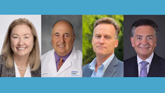 Four professional headshots of smiling business or medical professionals