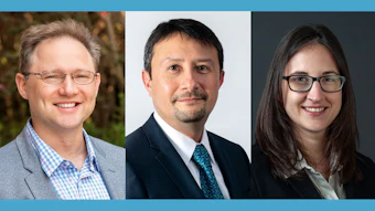 Three professional headshots of smiling individuals in business attire