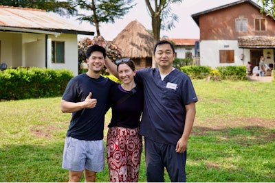 (Left to right) Dr. Chu, Dr. McKeon, and Shawn Li, MD, head and neck surgical oncologist at Penn State Health, outside our Kiwoko homes, which were conveniently located on the hospital campus.