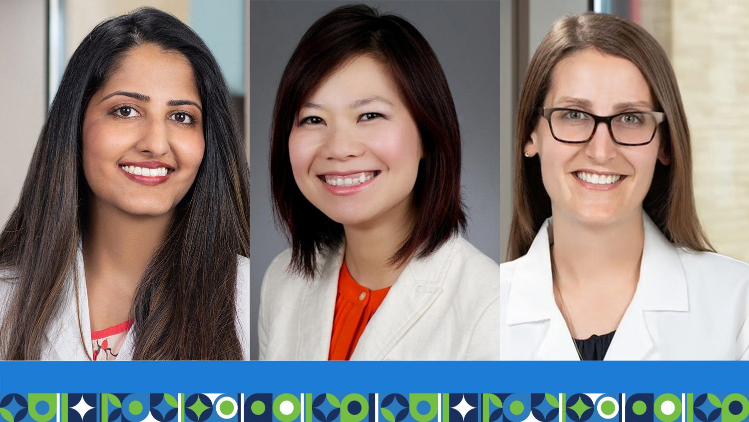 Three professional women smiling in corporate headshots with geometric blue and green pattern background