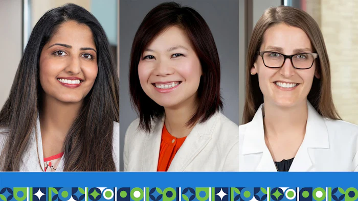 Three professional women smiling in corporate headshots with geometric blue and green pattern background