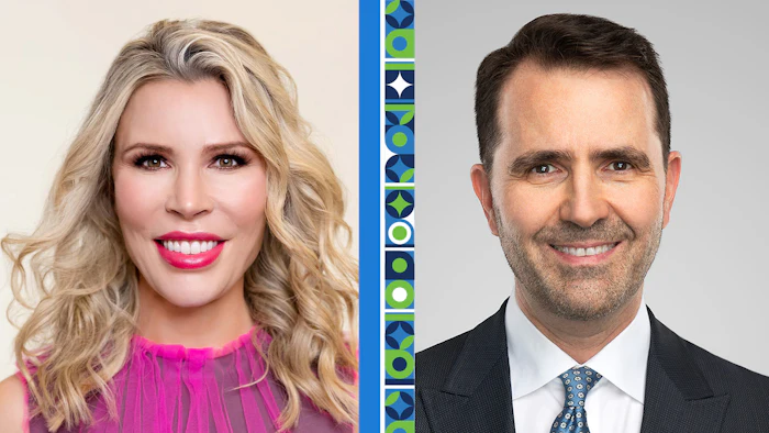 Professional headshots of a woman with blonde wavy hair and pink lipstick on the left, and a man in business attire on the right, separated by a decorative geometric pattern stripe.