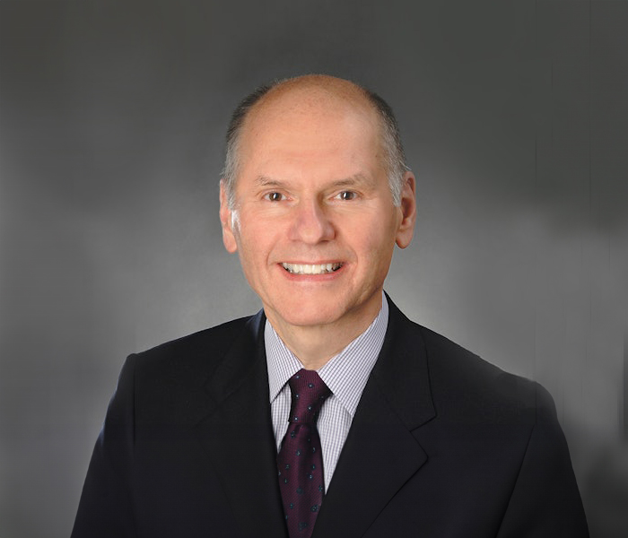 Smiling mature business executive in black suit and purple tie