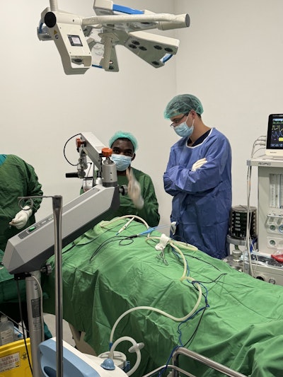 Residents from the University of Nairobi and the University of Kentucky perform a revision canal wall down mastoidectomy on a patient with fibrous dysplasia and maximal conductive hearing loss.