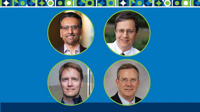 Four professional team members displayed in circular frames on blue background with decorative geometric border