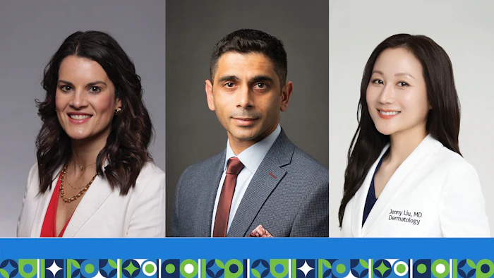 Three professional headshots of business professionals in formal attire with neutral backgrounds and decorative geometric footer design