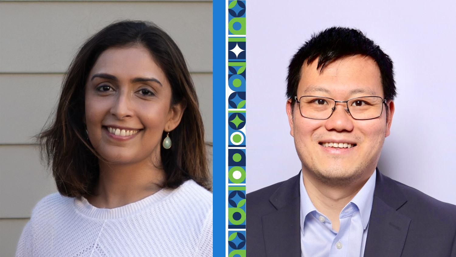 Two professional headshots of smiling individuals separated by a decorative geometric stripe pattern