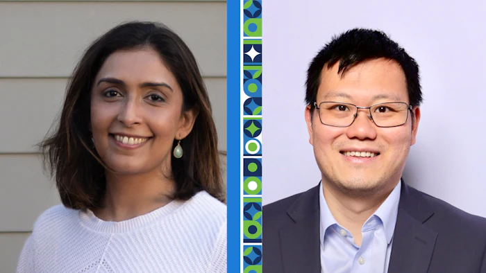 Two professional headshots of smiling individuals separated by a decorative geometric stripe pattern