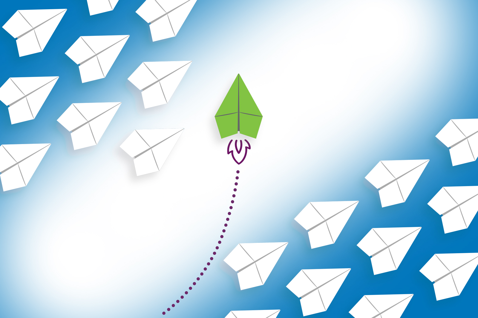 Green rocket ascending among white paper planes on blue gradient background symbolizing innovation and differentiation