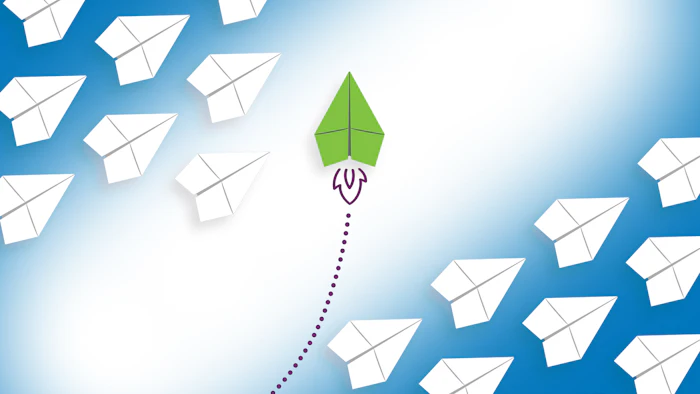 Green rocket ascending among white paper planes on blue gradient background symbolizing innovation and differentiation