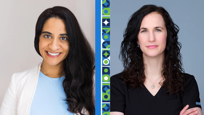 Two professional headshots of women with long dark hair separated by a decorative geometric divider