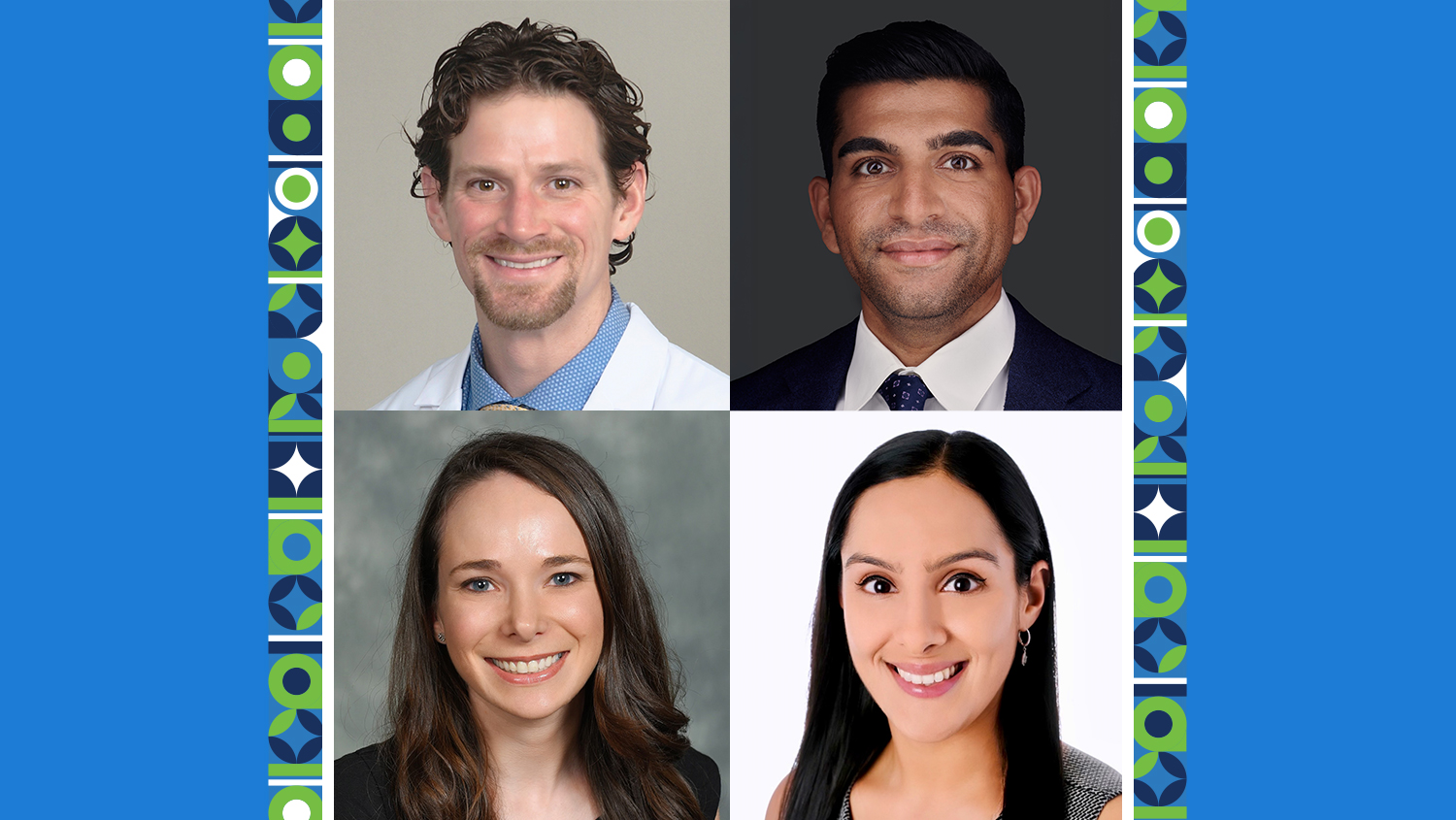 Four professional headshots of team members arranged in a grid with decorative geometric borders