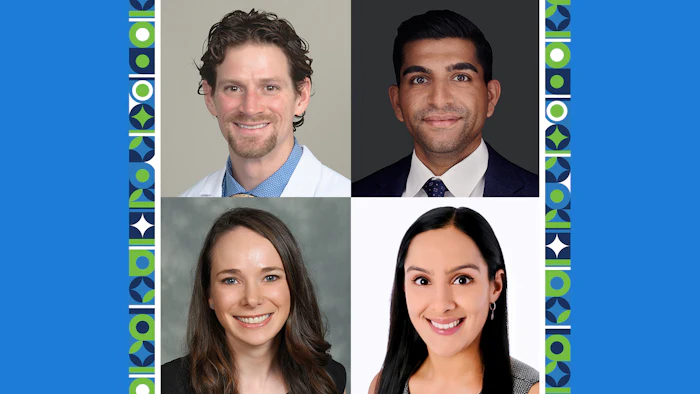 Four professional headshots of team members arranged in a grid with decorative geometric borders