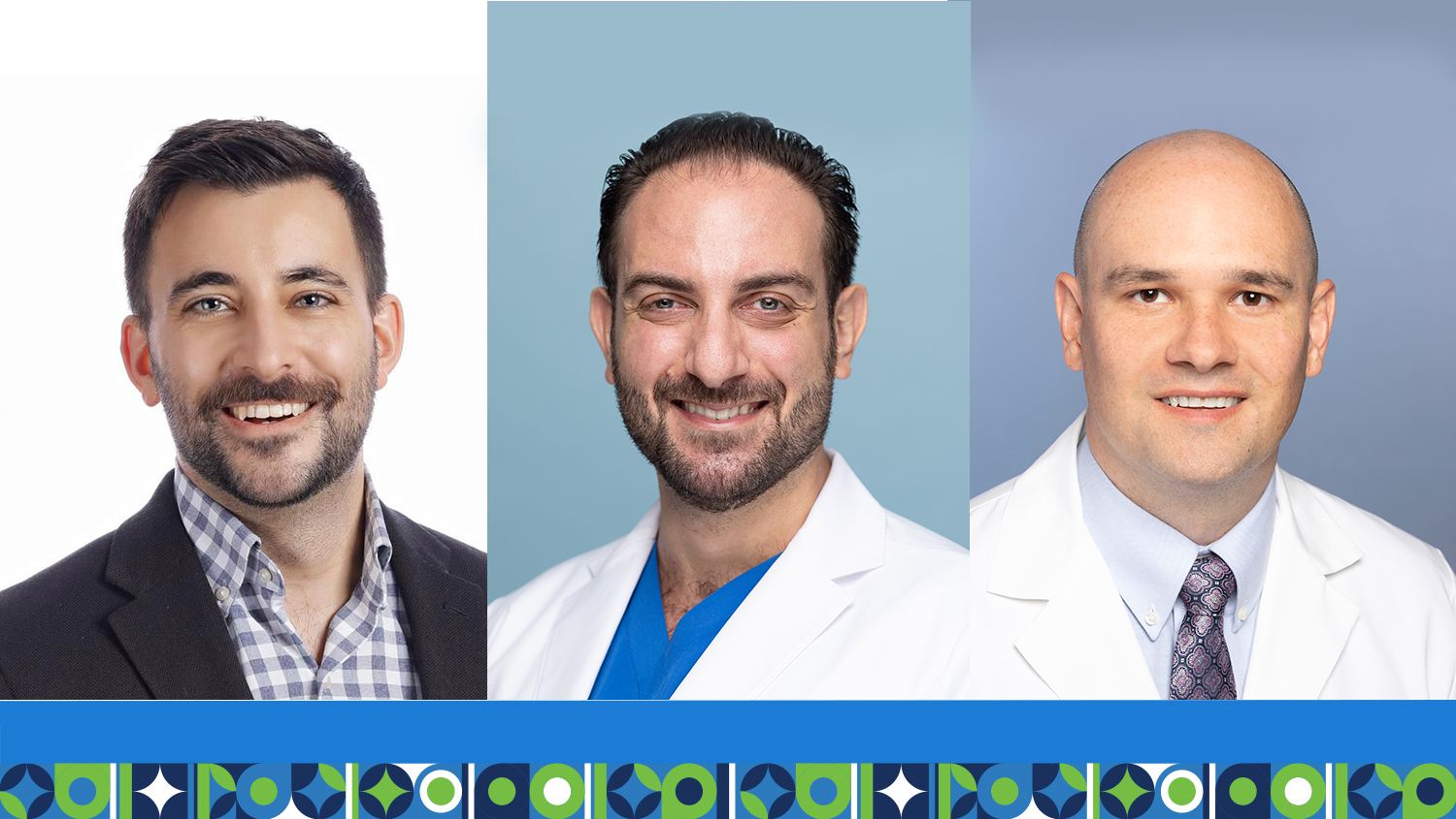 Three professional male headshots with blue and teal backgrounds and decorative pattern footer