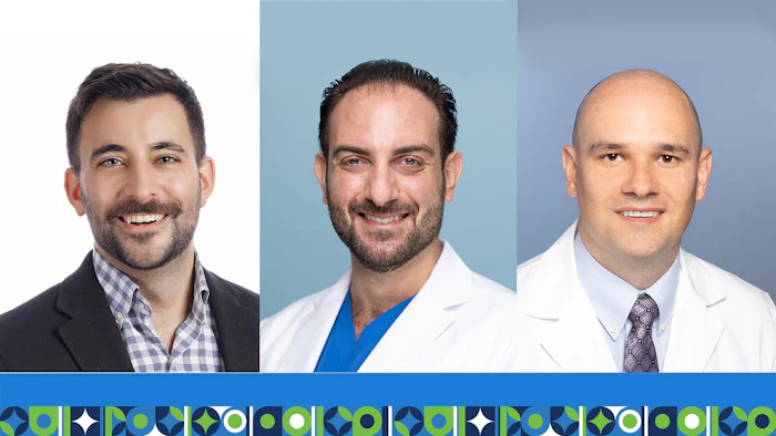 Three professional male headshots with blue and teal backgrounds and decorative pattern footer