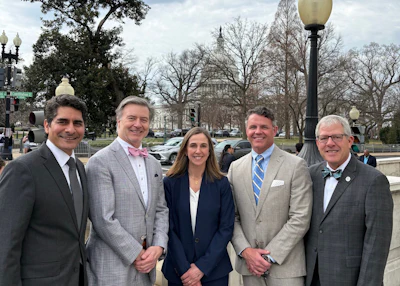 Left to right: Bobby Mukkamala, MD, Dole P. Baker, Jr., MD, Katherine Kavanagh, MD, Matthew D. Scarlett, MD, and Gene Brown, MD, RPh, outside the Russell House Office Building on Capitol Hill.