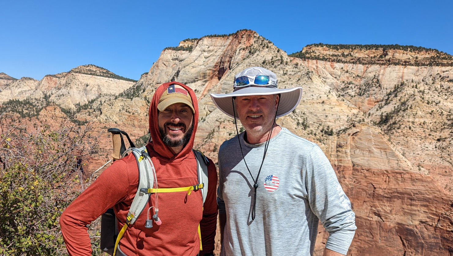Kevin and his brother, Tom (left), hiking in Zion National Park, Utah, in 2022.