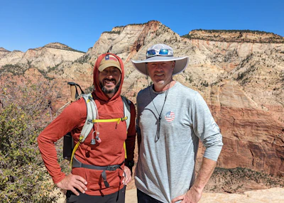Kevin and his brother, Tom (left), hiking in Zion National Park, Utah, in 2022.