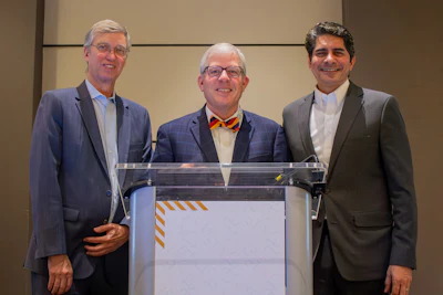 Left to right: Dr. Scott, Dr. Brown, and Dr. Mukkamala at the podium at the AAO-HNS/F 2026 OTO Forum.